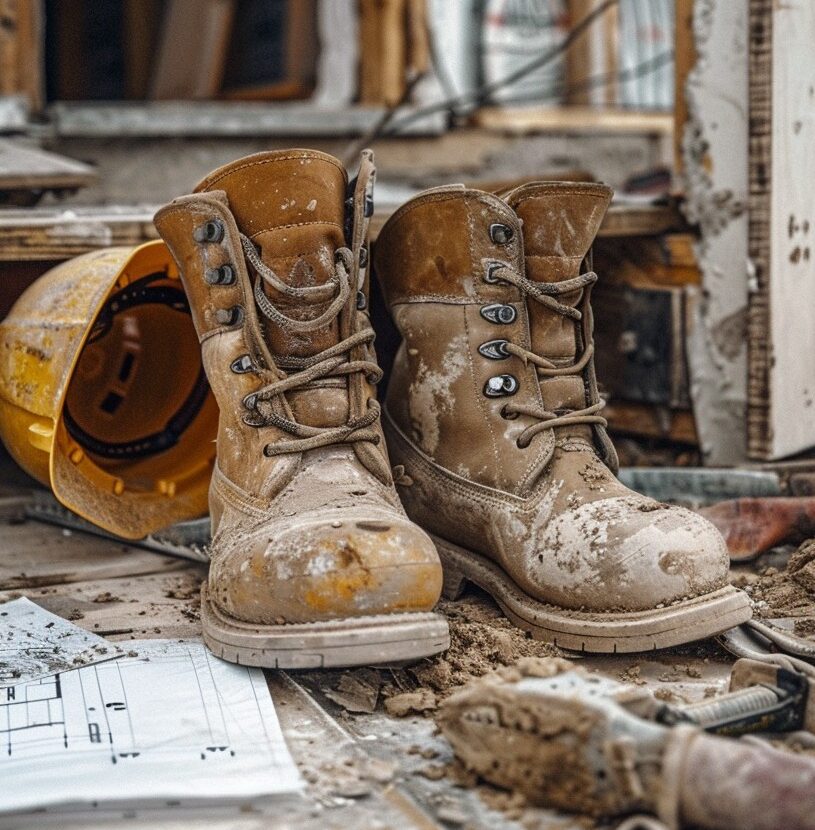 Work boots muddy, site photo stock image