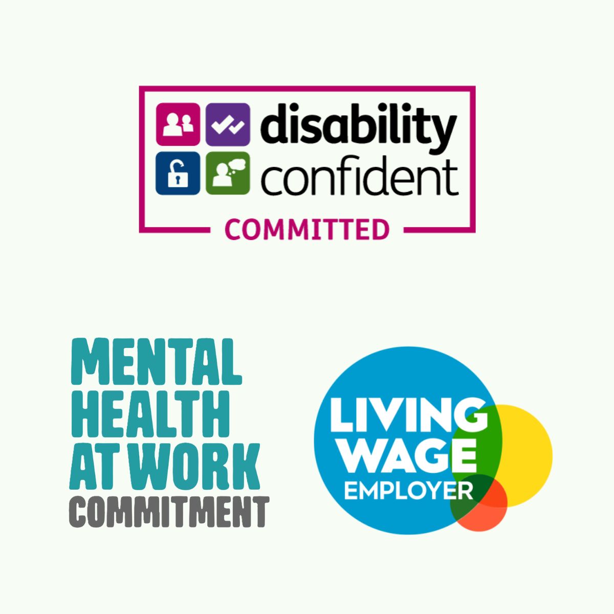 Graphic with logos; Disability Confident, Mental Health at Work Commitment, Living Wage Employer